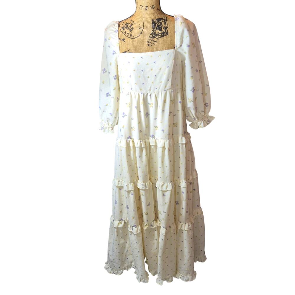 NEW Sweet En Forme Cottage-Core Floral Prairie Maxi Dress Tiered Ruffle Floral L